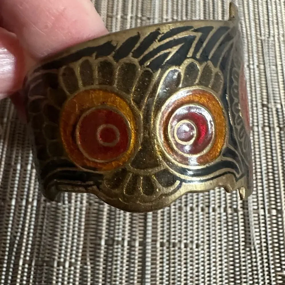 Vintage Brass Owl Cuff Bracelet Enamel India  * flaws 60s 70s 80s